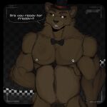 absurd_res animatronic anthro bear black_sclera bow_tie brown_body brown_fur cerberussenn checkered_background clothing ear_piercing five_nights_at_freddy&#039;s freddy_(fnaf) fur glowing glowing_eyes hand_on_hip hand_print hat headgear headwear hi_res huge_filesize machine male mammal musclegut muscular muscular_male navel nipples pattern_background piercing pubes robot scottgames screw signature simple_background slightly_chubby smile solo text top_hat white_eyes