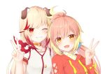  2girls animal_ears blonde_hair blush choker commentary_request dog_ears dog_girl drawstring grin hand_up highres hira_hikari hood hood_down hoodie jewelry long_hair long_sleeves looking_at_viewer low_twintails multicolored_hair multiple_girls nanashi_inc. necklace o-ring o-ring_choker one_eye_closed open_mouth orange_eyes orange_hoodie pink_hair red_eyes red_hair rin_(0917608) seshima_rui shirt short_sleeves sidelocks simple_background smile streaked_hair teeth transparent_background twintails two-tone_hair upper_body v virtual_youtuber white_shirt 