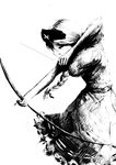  aiming arrow bow_(weapon) braid breasts commentary dress faux_traditional_media greyscale hat highres large_breasts long_hair monochrome nurse_cap ougibro_(spookybro) ponytail profile short_sleeves simple_background solo touhou weapon white_background yagokoro_eirin 