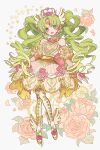  1girl :d arms_at_sides bare_shoulders boots colored_eyelashes crown dress drill_hair falulu falulu_(awakened) floral_background flower forehead_jewel full_body gears gold_trim green_hair grey_eyes headphones highres idol_clothes long_hair looking_at_viewer meremero open_mouth parted_bangs pink_flower pink_rose pretty_series pripara rose sidelocks smile solo standing thigh_boots twin_drills twintails very_long_hair wing_hair_ornament yellow_dress 