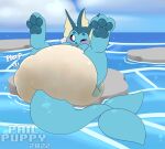 ambiguous_gender big_diaper big_tail blush clean_diaper clothing diaper eeveelution feces feral fin generation_1_pokemon lying nintendo on_back one_eye_closed onomatopoeia pail_puppy_(artist) pawpads pokemon pokemon_(species) sea soiling solo sound_effects tail text tongue tongue_out underwear vaporeon water