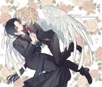  2boys angel_wings black_dress black_footwear black_hair black_jacket black_pants black_suit blonde_hair closed_eyes collared_shirt commentary_request cross dress english_text facing_another feathered_wings feet_out_of_frame floral_background full_body hand_on_another&#039;s_cheek hand_on_another&#039;s_face highres interlocked_fingers invisible_chair jacket julusmole_bayhan kiss kissing_cheek long_sleeves male_focus meremero multiple_boys neck_ribbon own_hands_together pants praying priest red_ribbon ribbon shirt shoes sitting suit thomas_werner touma_no_shinzou white_shirt white_wings wings yaoi 