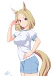  1girl animal_ears blonde_hair blue_shorts breasts cowboy_shot gym_shirt gym_shorts gym_uniform hand_on_own_hip highres horse_ears horse_girl horse_tail looking_at_viewer medium_breasts narita_top_road_(umamusume) salute shirt short_hair shorts simple_background solo t-shirt t2r tail umamusume white_background white_shirt yellow_eyes 