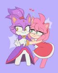  2girls amy_rose animal_ears blaze_the_cat cat_ears cat_girl dress forehead_jewel fur-trimmed_gloves fur_trim furry furry_female gloves green_eyes hedgehog_girl highres hug jacket multiple_girls pants pink_fur ponytail purple_fur purple_jacket red_dress remimun sonic_(series) white_gloves white_pants yellow_eyes 