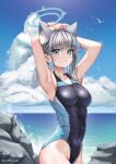  1girl absurdres animal_ear_fluff animal_ears arms_up black_one-piece_swimsuit blue_archive blue_eyes blue_sky breasts cloud competition_swimsuit covered_navel cowboy_shot cross_hair_ornament day extra_ears grey_hair hair_ornament halo hands_on_own_head highres low_ponytail medium_breasts medium_hair mismatched_pupils multicolored_clothes multicolored_swimsuit official_alternate_costume one-piece_swimsuit outdoors rock shiroko_(blue_archive) shiroko_(swimsuit)_(blue_archive) sky solo swimsuit volar_uwu wolf_ears 