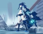  1girl 32zzz arm_cannon bare_arms black_bra black_footwear black_gloves black_hair black_rock_shooter black_rock_shooter:_dawn_fall black_rock_shooter_(character) black_shorts blue_eyes boots bra empress_(last_origin) gloves hair_between_eyes highres long_hair navel rock_cannon ruins short_shorts shorts sidelocks solo twintails underwear uneven_twintails weapon 