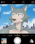 anthro beach beastars camera_overlay canid canine canis city_skyline diko_artz hi_res legoshi_(beastars) male mammal muscular muscular_male pecs sea seaside sky solo water wolf