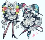 2boys alternate_costume apron black_dress black_footwear brown_thighhighs colored_sclera crossdressing demon_boy demon_horns demon_tail dress enmaided fizzarolli_(helluva_boss) frilled_apron frilled_dress frills full_body heart helluva_boss high_heels highres holding holding_whip horns juliet_sleeves lightning_bolt_symbol long_sleeves looking_at_viewer maid maid_apron maid_headdress male_focus male_maid meremero monster_boy multiple_boys open_mouth pink_eyes puffy_sleeves robo_fizz sharp_teeth simple_background smile standing striped_horns tail teeth thighhighs white_apron yellow_sclera 