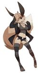  anthro armpits big_ears big_tail breasts canine chest_tuft cleavage clothed clothing faux female fox hair jacket legwear mammal midriff panties pawpads shorts simple_background slugbox solo thigh_highs tuft underwear white_background 