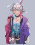  1boy animal_ears black_gloves black_shorts black_thighhighs blue_eyes blue_hair blush coat collarbone embarrassed english_commentary eyelashes eyeshadow gavis_bettel gloves grey_background grey_hair hair_between_eyes highres holostars holostars_english light_frown looking_at_viewer makeup male_focus multicolored_coat multicolored_hair open_clothes open_coat pectorals pink_eyes pink_eyeshadow pink_hair riz_tempura shorts solo standing sweatdrop thighhighs upper_body virtual_youtuber 
