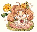  blush bow brown_hair commentary dandelion flower grass green_bow hair_bow hair_flower hair_ornament hands_on_lap mokarooru open_mouth original oversized_object pleated_skirt red_bow sailor_collar skirt solo traditional_media twintails watercolor_(medium) wavy_hair yellow_eyes 
