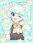  1girl :3 animal_ears animal_hands bear_ears bear_girl black_eyes blue_hair gloves looking_at_viewer neck_ribbon one_eye_closed open_mouth original paw_gloves plaid plaid_vest ribbon setosayako short_hair short_sleeves smile solo star-shaped_pupils star_(symbol) symbol-shaped_pupils upper_body vest 