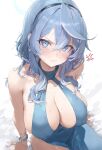  1girl absurdres ako_(blue_archive) ako_(dress)_(blue_archive) anger_vein arm_support bare_shoulders blue_archive blue_eyes blue_hair blue_halo blush bracelet breasts cleavage closed_mouth collarbone covered_navel covered_nipples fingernails freng hair_between_eyes halo highres jewelry large_breasts looking_at_viewer medium_hair official_alternate_costume plunging_neckline sideless_dress sitting solo sweat 