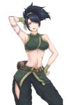  1girl absurdres akali arm_tattoo arm_up armpits belt black_hair breasts closed_mouth clothing_cutout collarbone contrapposto crop_top eyeliner green_pants hand_on_own_hip high_ponytail highres league_of_legends lips looking_at_viewer makeup medium_breasts midriff navel ninja nokma_00 pants red_eyeliner red_eyes rope scroll shoulder_tattoo simple_background solo stomach tattoo white_background 