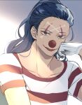  1boy blue_eyes blue_hair buggy_the_clown chiyu_(cotoritori) commentary_request gloves hand_on_own_cheek hand_on_own_face looking_at_viewer male_focus one_piece ponytail red_nose shirt solo striped_clothes striped_shirt upper_body white_gloves 