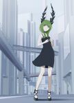  1girl 32zzz asymmetrical_horns bare_arms bare_legs black_choker black_dress black_footwear black_horns black_rock_shooter black_rock_shooter:_dawn_fall choker dead_master dress full_body green_eyes green_hair highres horns long_hair short_dress sidelocks sleeveless sleeveless_dress solo uneven_horns 