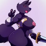  2017 anthro areola big_breasts breasts canine claws fangs fur half-closed_eyes lonbluewolf looking_at_viewer mammal melee_weapon nipples nude open_mouth peace_sign_(disambiguation) purple_eyes purple_fur red_sclera solo sword teeth tongue weapon wolf 