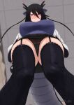  1girl absurdres ass_visible_through_thighs black_dragon_(kemono_friends) black_gloves black_hair black_horns black_panties black_skirt black_thighhighs blurry blurry_background breasts cameltoe ceiling closed_mouth coat dragon_ears dragon_girl dragon_horns dragon_tail feet_out_of_frame fingerless_gloves from_below garter_straps gloves grey_eyes hair_between_eyes half-closed_eyes highres horns indoors kemono_friends kemono_friends_3 lab_coat legs_apart long_hair looking_at_viewer looking_down miniskirt multicolored_horns multiple_horns open_clothes open_coat panties pink_horns shibori_kasu shirt skirt smile solo standing tail thighhighs underwear upskirt white_coat 