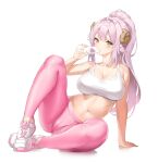  1girl absurdres arm_support bare_shoulders bra breasts cameltoe cleavage curled_horns drinking goat_girl highres horizontal_pupils horns keibeam large_breasts midriff navel original pants pink_hair pink_pants shoes simple_background sneakers solo sports_bra stomach tight_clothes tight_pants underwear white_background white_bra yellow_eyes yoga_pants 