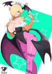  1girl animal_print bare_shoulders bat_print bat_wings blonde_hair blue_eyes blush breasts cleavage cosplay crown earrings hair_over_one_eye head_wings highres jewelry kaos_art large_breasts leotard long_hair mario_(series) morrigan_aensland morrigan_aensland_(cosplay) pantyhose print_pantyhose rosalina smile solo star_(symbol) star_earrings super_mario_galaxy vampire_(game) wings 