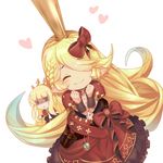  :3 ^_^ aqua_hair bangs blonde_hair blue_eyes blunt_bangs blush bow braid cagliostro_(granblue_fantasy) charlotta_fenia chibi chibi_inset clenched_hands closed_eyes closed_mouth dress eyebrows_visible_through_hair gloom_(expression) gradient_hair granblue_fantasy hair_bow hair_over_one_eye harvin headband heart jewelry jitome lowres multicolored_hair multiple_girls o_(rakkasei) pendant pointy_ears puffy_short_sleeves puffy_sleeves red_bow shaded_face short_sleeves sweatdrop swept_bangs triangle_mouth white_background 