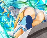  aqua_hair ass beatmania beatmania_iidx blue_eyes closed_mouth cuvelia dutch_angle eyebrows_visible_through_hair from_below glint gradient_hair green_hair hair_between_eyes hairband kneeling kuria_(clear_trip_second) long_hair multicolored_hair shiny shiny_skin solo very_long_hair 