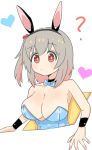  1girl ? animal_ears bare_arms bare_shoulders black_choker black_hairband blue_bow blue_bowtie blue_leotard bow bowtie breasts brown_eyes choker cleavage commentary fake_animal_ears genderswap genderswap_(mtf) grey_hair hair_between_eyes hair_bobbles hair_ornament hairband heart highres large_breasts leotard looking_at_viewer medium_hair multicolored_hair onii-chan_wa_oshimai! pink_hair playboy_bunny rabbit_ears roa_kyabetu senkawa_minato side_ponytail simple_background solo strapless strapless_leotard two-tone_hair upper_body white_background wrist_cuffs 
