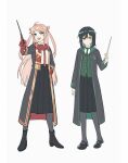  2girls ahoge black_cloak black_footwear black_skirt blue_eyes boots cloak collared_shirt diagonal-striped_clothes diagonal-striped_necktie full_body gloves green_hair green_necktie green_ribbon gryffindor hair_ribbon hand_on_own_hip high_heel_boots high_heels highres hogwarts_school_uniform holding holding_wand long_hair long_sleeves looking_at_viewer love_live! love_live!_nijigasaki_high_school_idol_club mary_janes mifune_shioriko multiple_girls necktie open_cloak open_clothes open_mouth pink_hair pleated_skirt red_gloves red_necktie red_scarf ribbon scarf school_uniform shirt shoes short_hair sidelocks skirt slytherin striped_clothes teeth two_side_up upper_teeth_only v-shaped_eyebrows wand white_shirt xunyu_(manyu) zhong_lanzhu 