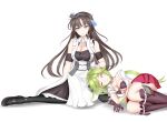  2girls absurdres azur_lane bare_shoulders black_gloves black_hair blue_eyes blush boots bow breasts brown_eyes cleavage closed_mouth dress flower frills genius_1237to gloves green_eyes green_hair hair_ornament hairband highres large_breasts long_hair looking_at_viewer lying maid maid_headdress medium_breasts multiple_girls newcastle_(azur_lane) pantyhose ribbon salt_lake_city_(azur_lane) shirt short_hair short_sleeves simple_background sitting skirt smile thighhighs very_long_hair white_background 