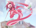  ambiguous_gender anthro blurred_background building dragon flying forked_tongue hair hi_res horn house looking_at_viewer open_mouth pink_hair ru_(rudragon) rudragon teeth tongue wings yellow_sclera 