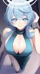  1girl absurdres ako_(blue_archive) ako_(dress)_(blue_archive) aqua_dress arisugawa_ya bare_shoulders blue_archive blue_eyes blue_hair blush breasts cuffs dress halo highres large_breasts light_smile looking_at_viewer official_alternate_costume plunging_neckline shackles sideboob sideless_dress solo 