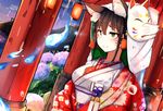  animal_ears bangs blush breasts brown_eyes brown_hair closed_mouth commentary_request dutch_angle facepaint fire floral_print fox_ears fox_girl fox_mask hair_between_eyes hanten_(clothes) head_scarf highres japanese_clothes kimono lantern large_breasts mask obi original outdoors paper_lantern plan_(planhaplalan) sash shrine smile solo upper_body white_kimono 