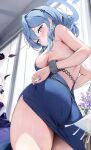  1girl ako_(blue_archive) ako_(dress)_(blue_archive) ass bare_shoulders blue_archive blue_dress blue_eyes blue_hair blush breasts dress halo highres houraku large_breasts looking_at_viewer looking_back medium_hair official_alternate_costume sideboob solo 