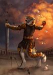  5_fingers anthro armor armpits barefoot black_lips day detailed_background digitigrade feline fur holding_object holding_weapon male mammal melee_weapon open_arms open_mouth orage_fur sky standing striped_fur stripes sword teeth tiger weapon white_fur wolnir 