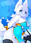 2024 absurd_res ahoge anthro bella_(devil-vox) big_breasts blue_body blue_eyes blue_fur blue_hair blush blush_lines breasts canid canine canis cleavage clothed clothing devil-vox digital_media_(artwork) ear_piercing female female_anthro fur hair happy hi_res kemono legwear long_hair looking_at_viewer low-angle_view mammal piercing smile smiling_at_viewer solo thigh_highs white_body white_fur white_hair wolf