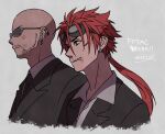  2boys akzk_kh bald black_jacket black_necktie collared_shirt earrings facial_hair facial_mark facing_to_the_side final_fantasy final_fantasy_vii final_fantasy_vii_advent_children goatee goggles goggles_on_head grey_background hair_between_eyes hair_tie highres injury jacket jewelry low_ponytail male_focus multiple_boys multiple_earrings necktie parted_lips red_hair reno_(ff7) rude_(ff7) shirt short_hair_with_long_locks single_earring spiked_hair suit_jacket sunglasses upper_body white_shirt 