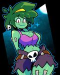  1girl arms_behind_back belt big_hair black_border blue_outline border breasts cleavage colored_skin cowboy_shot crop_top earrings eyelashes green_hair green_skin hair_ornament hairband highres jewelry legendofnerd medium_breasts moon navel night night_sky outline purple_shorts purple_tank_top red_eyes rottytops shantae_(series) short_hair shorts signature skull_belt skull_earrings sky smile solo sparkle stitches tank_top torn_clothes wide_hips yellow_hairband zombie 