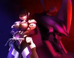  adjusting_clothes armor ayamine_kei black_bodysuit black_hair bodysuit bodysuit_pull breasts cleavage closed_mouth commentary_request covered_nipples cowboy_shot faulds from_below frown furrowed_eyebrows gauntlets glowing gorget large_breasts looking_at_viewer looking_down mecha mirai_(sax) muvluv muvluv_alternative neon_trim pauldrons perspective pilot_suit pink_eyes pulled_by_self serious short_hair shoulder_armor skin_tight solo spaulders standing takemikazuchi_(muvluv) taut_clothes v-shaped_eyebrows 