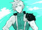  1boy aqua_background aqua_eyes aqua_theme armor buster_sword closed_mouth cloud_strife earrings final_fantasy final_fantasy_vii final_fantasy_vii_remake frown hands_on_own_hips jewelry looking_to_the_side male_focus short_hair shoulder_armor single_bare_shoulder single_earring single_shoulder_pad sleeveless sleeveless_turtleneck solo spiked_hair suspenders turtleneck weapon weapon_on_back wxz 