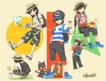  ? backpack bag bangs baseball_cap black black_hair black_hat camouflage camouflage_shorts capri_pants closed_eyes gen_7_pokemon grey_eyes grin grubbin hand_in_pocket hat holding holding_poke_ball keychain litten male_focus morelull multiple_views natsuno_hamuto pants pikipek poke_ball pokemon pokemon_(creature) pokemon_(game) pokemon_sm red_shirt shirt shoes shorts signature sitting smile sneakers spoken_question_mark squatting striped striped_shirt swept_bangs t-shirt trilby white_shirt wishiwashi you_(pokemon) yungoos z-ring 