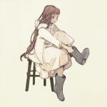  1girl boots brown_eyes chair closed_mouth dress full_body green_background highres jacket long_dress long_hair original philia_ell putting_on_boots red_hair short_bangs simple_background sitting solo tono_(rt0no) white_dress white_jacket 