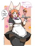  2017 abbi_(kilinah) anthro arnachy border buckteeth clothed clothing dessert dialogue english_text female food glass green_eyes hair hand_behind_back hi_res korean_text lagomorph legwear maid_uniform mammal one_eye_closed open_mouth orange_hair parfait_(dessert) rabbit solo teeth text thigh_highs tray uniform white_border wink 