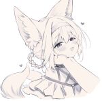  1girl absurdres animal_ears arknights blush braided_hair_rings commentary fluff fox_ears fox_girl fox_tail hairband half-closed_eyes heart highres infection_monitor_(arknights) monochrome open_mouth red_hairband simple_background solo_focus suzuran_(arknights) symbol-only_commentary tail timitarcat upper_body 