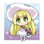 :&lt; bag bangs bare_arms blonde_hair blunt_bangs blush braid chibi closed_mouth collared_dress commentary dress duffel_bag full_body gradient gradient_background green_eyes hat kneehighs lillie_(pokemon) long_hair looking_at_viewer noai_nioshi poke_ball_theme pokemon pokemon_(game) pokemon_sm sleeveless sleeveless_dress solo star sun_hat sundress twin_braids two-tone_background v-shaped_eyebrows white_dress white_hat white_legwear 