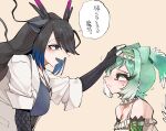  2girls absurdres arm_belt black_dragon_(kemono_friends) black_hair black_horns blue_hair brown_eyes chinese_water_dragon_(kemono_friends) choker closed_mouth coat crying crying_with_eyes_open detached_sleeves dragon_ears dragon_horns face-to-face fang fingerless_gloves frilled_choker frills from_side gloves green_hair grey_eyes hand_on_another&#039;s_head headband headpat height_difference high_ponytail highres horns kanmoku-san kemono_friends kemono_friends_3 lab_coat leaning_forward light_smile long_hair looking_at_another multicolored_hair multicolored_horns multiple_girls open_clothes open_coat open_mouth pink_horns shirt snot spaghetti_strap tears translation_request two-tone_hair unhappy upper_body wavy_mouth white_coat white_hair 