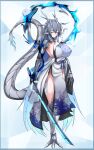  1girl absurdres blue_hair breasts chinese_zodiac claws closed_eyes dragon dragon_claw dragon_girl dragon_horns dragon_tail g_(genesis1556) grey_hair highres holding holding_sword holding_weapon horns japanese_clothes kimono large_breasts mechanical_arms monster_girl multicolored_hair multiple_scars no_panties original pointy_ears prosthesis prosthetic_arm scales scar scar_across_eye shark sideboob single_mechanical_arm solo sword tail two-tone_hair weapon year_of_the_dragon 