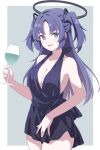  1girl black_dress blue_archive breasts cleavage collarbone cowboy_shot cup dress drinking_glass halo holding holding_cup large_breasts long_hair looking_at_viewer mechanical_halo minasato_hibiki purple_eyes purple_hair short_dress smile solo two_side_up wine_glass yuuka_(blue_archive) 