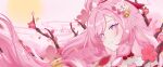  1girl absurdres bell braid branch elysia_(herrscher_of_human:ego)_(honkai_impact) elysia_(honkai_impact) elysia_(peachy_spring)_(honkai_impact) floral_background flower highres holding holding_branch honkai_(series) honkai_impact_3rd long_hair multicolored_eyes pink_flower pink_hair pointy_ears purple_eyes solo 