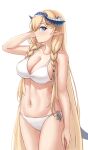  1girl absurdres arknights bare_arms bare_shoulders bikini blonde_hair blue_eyes blue_hairband braid breasts commentary_request cowboy_shot daisy_cutter hairband hand_in_own_hair highres horns large_breasts long_hair looking_at_viewer navel pointy_ears saileach_(arknights) simple_background solo standing stomach swimsuit thighs twin_braids very_long_hair white_background white_bikini 