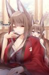  2girls absurdres aged_down amagi-chan_(azur_lane) amagi_(azur_lane) animal_ears azur_lane black_shirt blush breasts brown_hair cloud commentary_request dated_commentary day flower fox_ears fox_girl fox_tail grey_eyes hair_flower hair_ornament highres indoors japanese_clothes kimono large_breasts long_hair looking_at_another multiple_girls one_eye_closed open_mouth red_kimono samip shirt sidelocks smile star-shaped_pupils star_(symbol) symbol-shaped_pupils tail tree wide_sleeves 